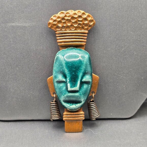 VTG Elzac Copper & Ceramic Tribal Brooch 2.5" Dangle Coil Spring Accent 1940 - Picture 1 of 6